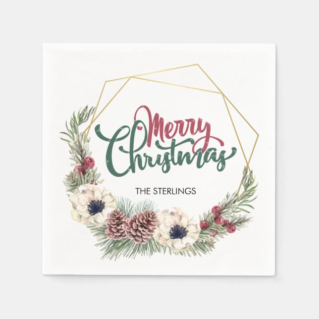 Frohe Weihnachten Pine Cone Holly Gold Rahmen Serviette (Vorderseite)