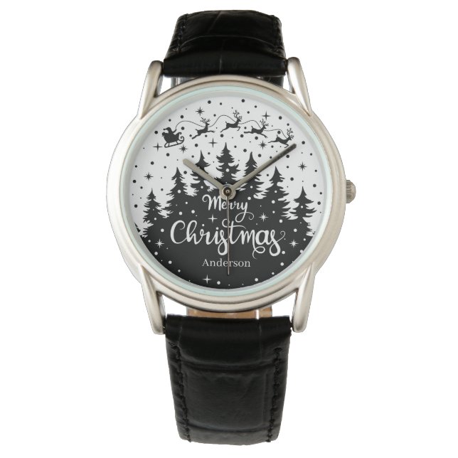 Frohe Weihnachten Pine Santa Claus Reindeer Sleigh Armbanduhr (Vorderseite)