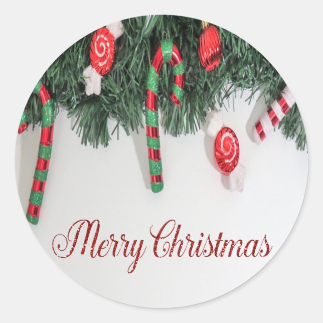 Frohe Weihnachten, Pine Tree, Candy Cane Runder Aufkleber (Vorderseite)