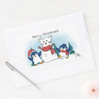 Frohe Weihnachten Pinguine bauen eine Schneekatze Rechteckiger Aufkleber