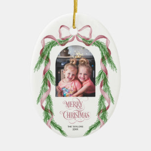 Frohe Weihnachten Pink Bow Ribbon Pine Arch Foto Keramik Ornament