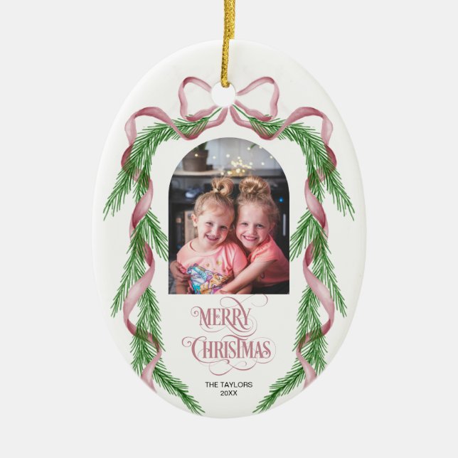 Frohe Weihnachten Pink Bow Ribbon Pine Arch Foto Keramik Ornament (Vorne)