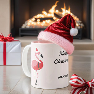 Frohe Weihnachten Pink Flamingo Santa Anzug Name Zweifarbige Tasse