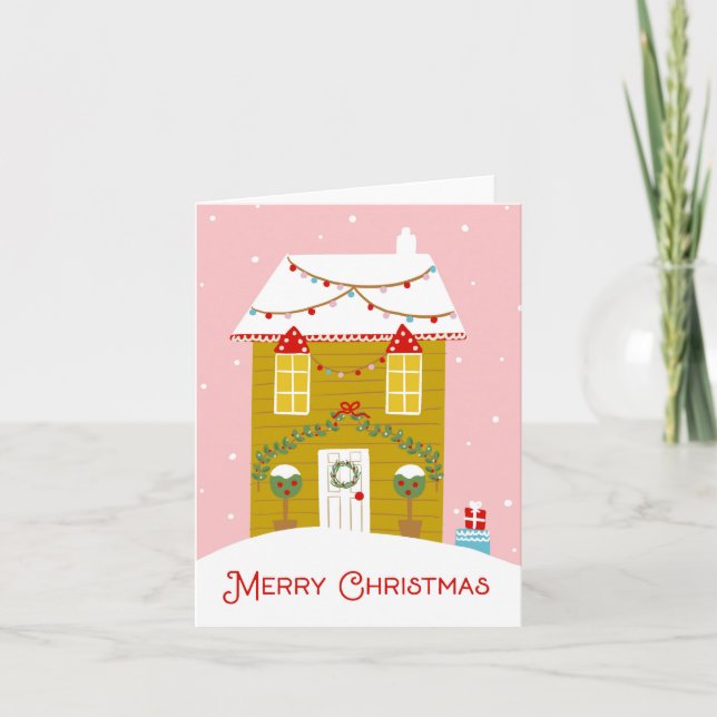 Frohe Weihnachten Pink Gingerbread House Card (Vorderseite)
