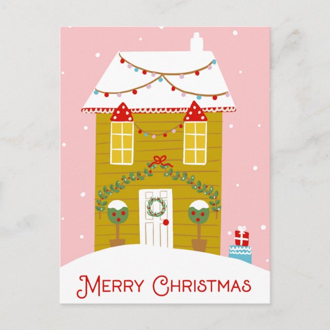 Frohe Weihnachten Pink Gingerbread House Card (Vorderseite)