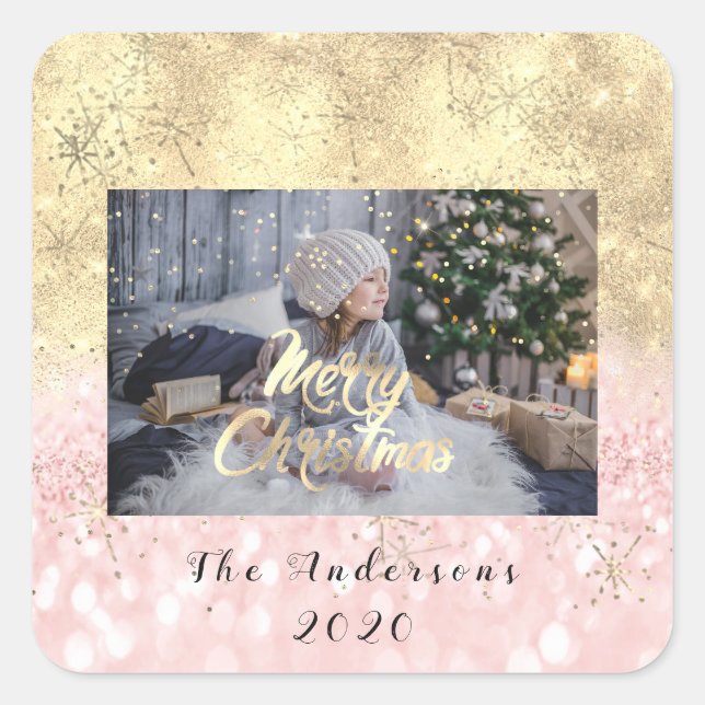 Frohe Weihnachten Pink Gold Stars Glitzer Foto Spa Quadratischer Aufkleber (Vorderseite)