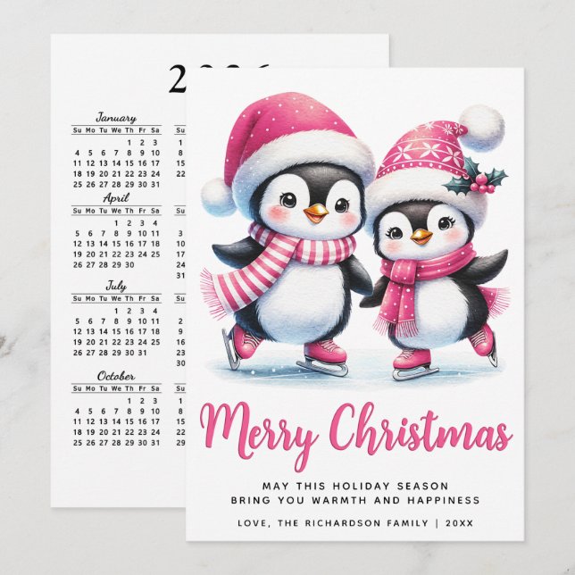 Frohe Weihnachten Pink Niedlich Ice Skaten Pinguin (Vorne/Hinten)