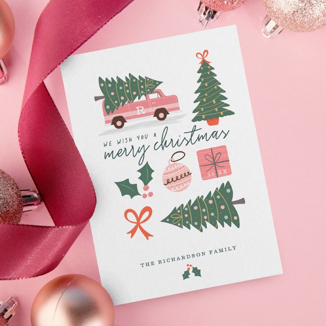 Frohe Weihnachten Pink Retro Van Christmas Tree (Merry Christmas Pink Retro Van Christmas Tree Holiday Card)