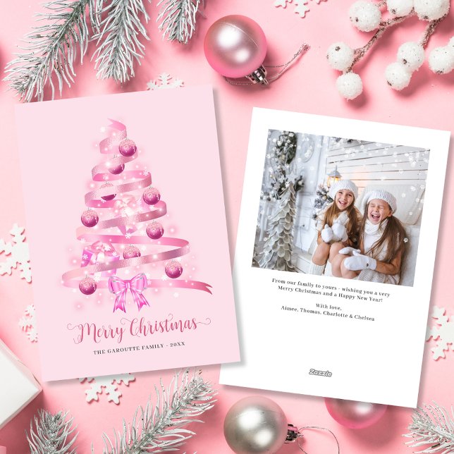 Frohe Weihnachten Pink Ribbon Tree Foto (Merry Christmas Pink Ribbon Tree Photo Holiday Card)