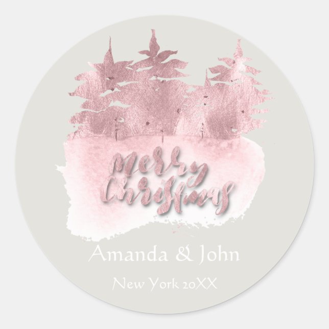 Frohe Weihnachten Pink Rose Name Holidays Gray 3D Runder Aufkleber (Vorderseite)