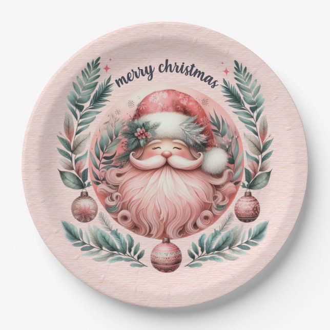 Frohe Weihnachten Pink Santa Wreath Pappteller (Vorderseite)