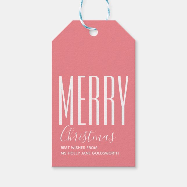 Frohe Weihnachten Pink White Typografy Geschenkanhänger (Vorderseite)