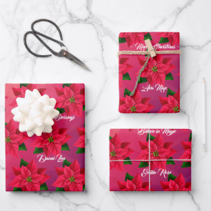 Frohe Weihnachten Poinsettia Blume auf Pink Mauve Geschenkpapier Set