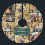 Frohe Weihnachten Poinsettia Familie Foto Collage Polyester Weihnachtsbaumdecke<br><div class="desc">Dieser niedliche und süße Weihnachtsbaumrock ist perfekt für die Ferienzeit. Es enthält eine Collage für Fotos für individuelle Fotos der ganzen Familie. Es enthält den Satz "Frohe Weihnachten. Die (Name)-Familie", in einer weißen, eleganten und modernen handgeschriebenen Schrift-Typografie auf einem waldgrünen Hintergrund gerahmt mit einem weißen pinstripe Rand und rot-grünen Aquarell-Blume...</div>