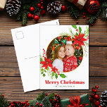 Frohe Weihnachten Poinsettia Festliches Familienfe<br><div class="desc">Eine wunderschöne rote Poinsettienblüte mit heiligen Blättern umkreist Ihr viereckiges Foto über frohen Weihnachten. Helle und fröhliche Kinder fotografieren Urlaubspostkarten mit hübschen Blume und Blätter.</div>