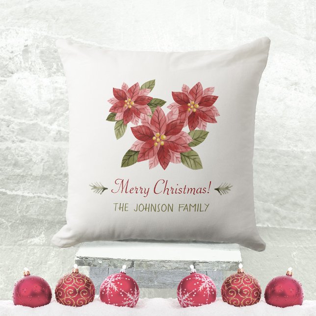 Frohe Weihnachten Poinsettia Pine Typografie Kissen (Merry Christmas Poinsettia Pine Typography Throw Pillow ©Susanne Sachers - Sunny Mind Design 🌞)