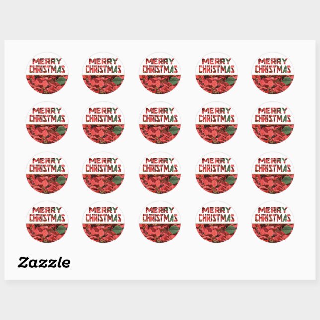Frohe Weihnachten Poinsettia Word Art Runder Aufkleber (Blatt)