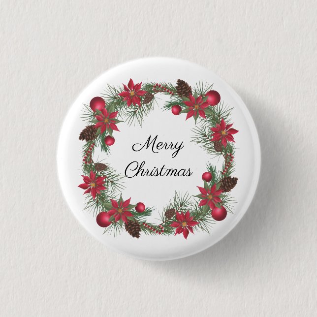Frohe Weihnachten Poinsettia Wreath Button (Vorderseite)