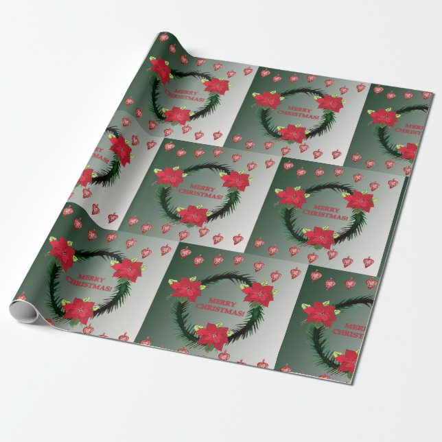 Frohe Weihnachten Poinsettia Wreath Geschenkpapier (Ungerollt)