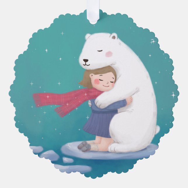 Frohe Weihnachten: Polar Bär & Child Illustration Ornament Karte (Vorderseite)