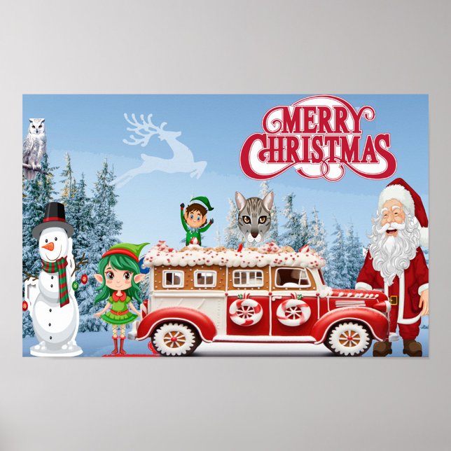 Frohe Weihnachten Poster (A Christmas Scene with a snowman and Santa Claus.)