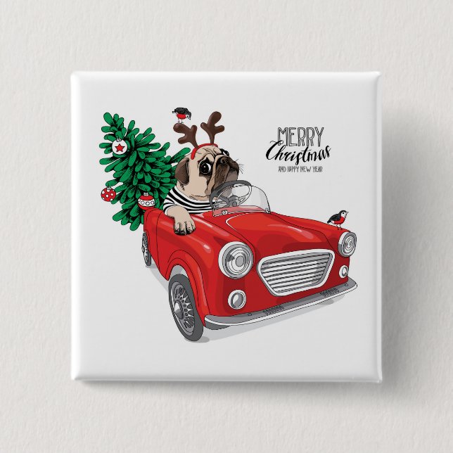 Frohe Weihnachten | Pug fährt Oldtimer Button (Vorderseite)