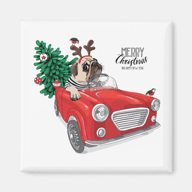 Frohe Weihnachten | Pug fährt Oldtimer Magnet (Vorne)