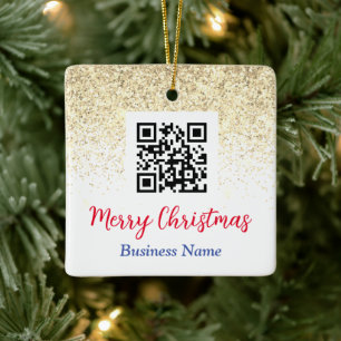 Frohe Weihnachten QR-Code Firmenname Gold Glitter Keramikornament