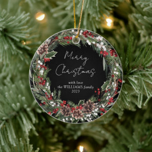 Frohe Weihnachten Red Berry Botanical Wreath Foto Keramik Ornament
