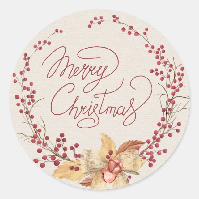 Frohe Weihnachten Red Berry Wreath Runder Aufkleber (Vorderseite)
