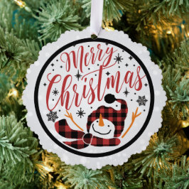 Frohe Weihnachten Red Black Buffalo Kariert Snowma Ornament Karte