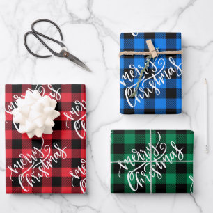 Frohe Weihnachten Red Blue Green Buffalo Kariert Geschenkpapier Set