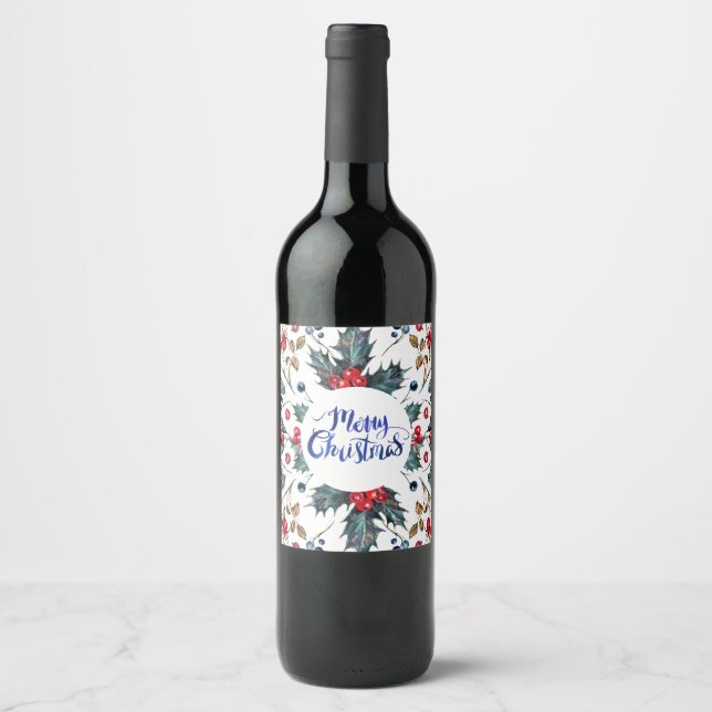 Frohe Weihnachten - Red Blue Holly Berries Muster Weinetikett (Vorderseite)