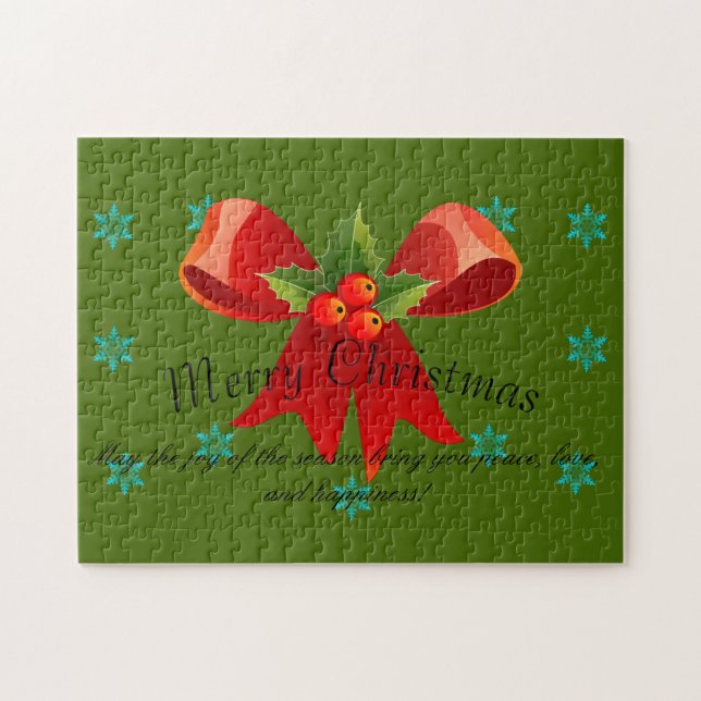 Frohe Weihnachten Red Bow Holly und Schneeflocken (Horizontal)