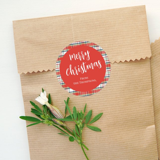 Frohe Weihnachten Red Calligraphy Script Simple Runder Aufkleber (Merry Christmas simple festive holiday calligraphy script round sticker. )