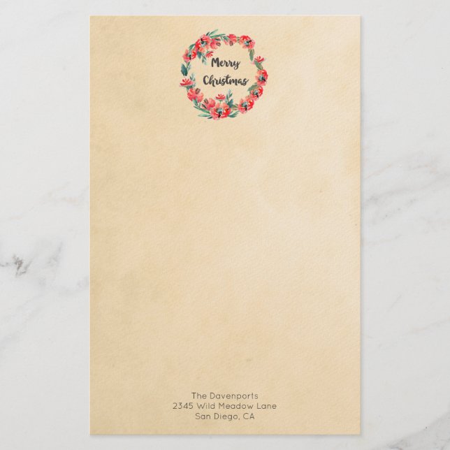 Frohe Weihnachten Red Floral Watercolor Wreath Briefpapier (Vorderseite)