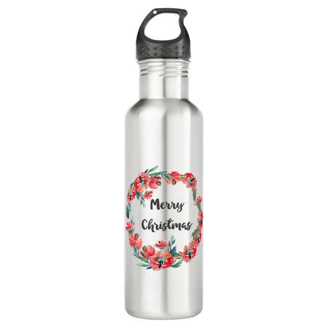 Frohe Weihnachten Red Floral Watercolor Wreath Trinkflasche (Vorderseite)
