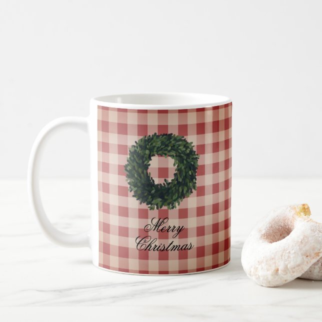 Frohe Weihnachten Red Gingham Kariert Wreath Kaffeetasse (Mit Donut)