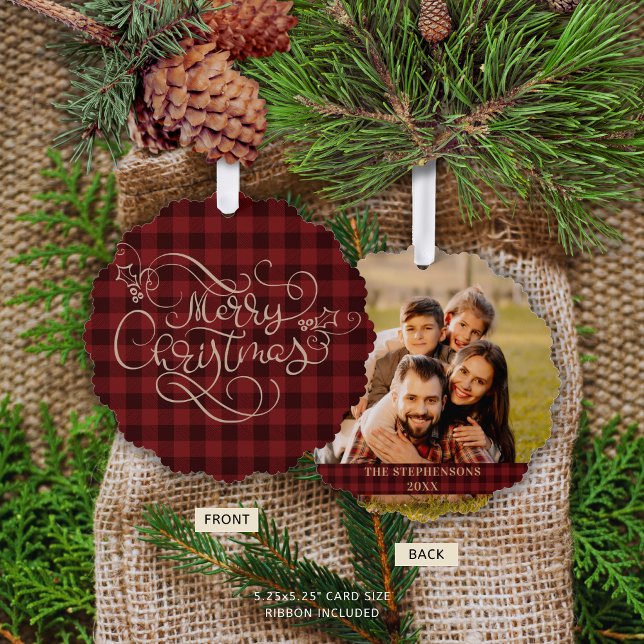 Frohe Weihnachten Red Gingham Script Foto Ornament Karte (Von Creator hochgeladen)