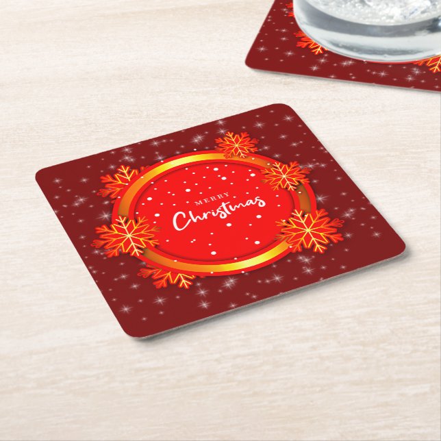 Frohe Weihnachten Red Gold Snowflakes Rechteckiger Pappuntersetzer (angewinkelt)
