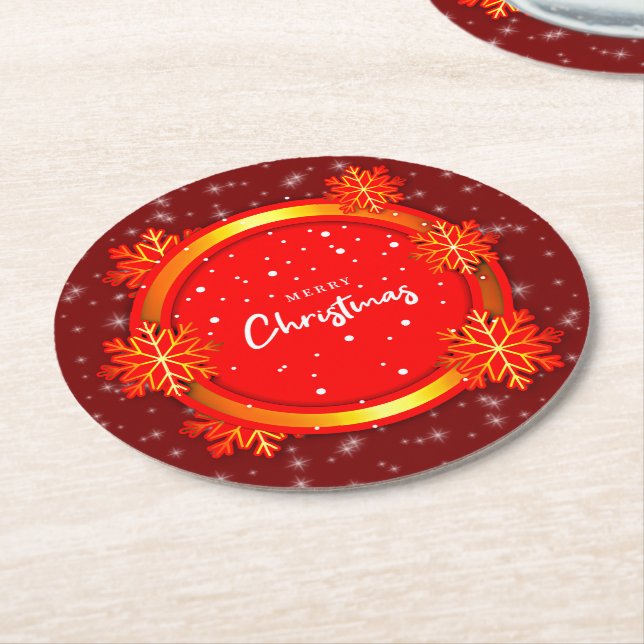Frohe Weihnachten Red Gold Snowflakes Runder Pappuntersetzer (Angewinkelt)
