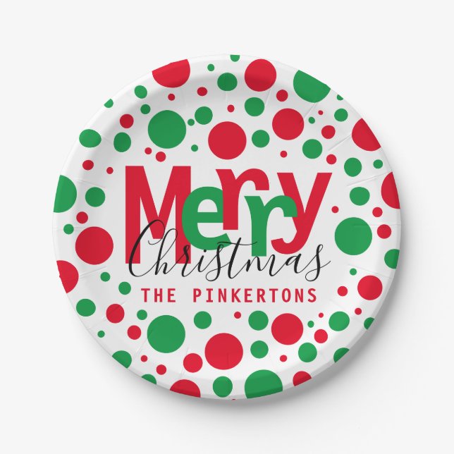 Frohe Weihnachten Red Green Dots Typografy Monogra Pappteller (Vorderseite)
