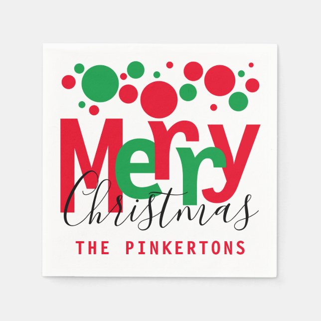 Frohe Weihnachten Red Green Dots Typografy Monogra Serviette (Vorderseite)