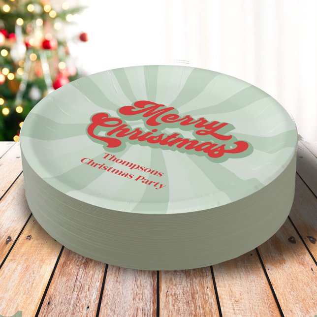 Frohe Weihnachten Red Green Whimsical Typografie Pappteller (Merry Christmas cute retro style calligraphy script paper plate.)