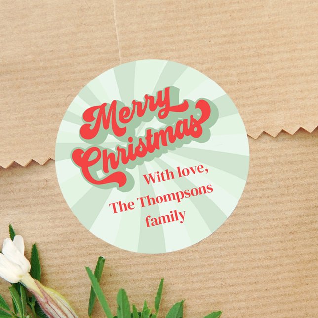 Frohe Weihnachten Red Green Whimsical Typografie Runder Aufkleber (Merry Christmas Holiday red and green custom sticker )