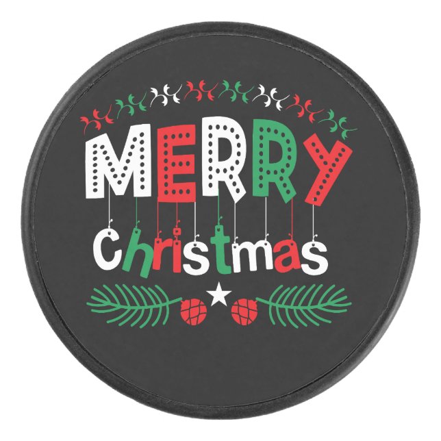 Frohe Weihnachten Red Green White Eishockey Puck (Vorderseite)