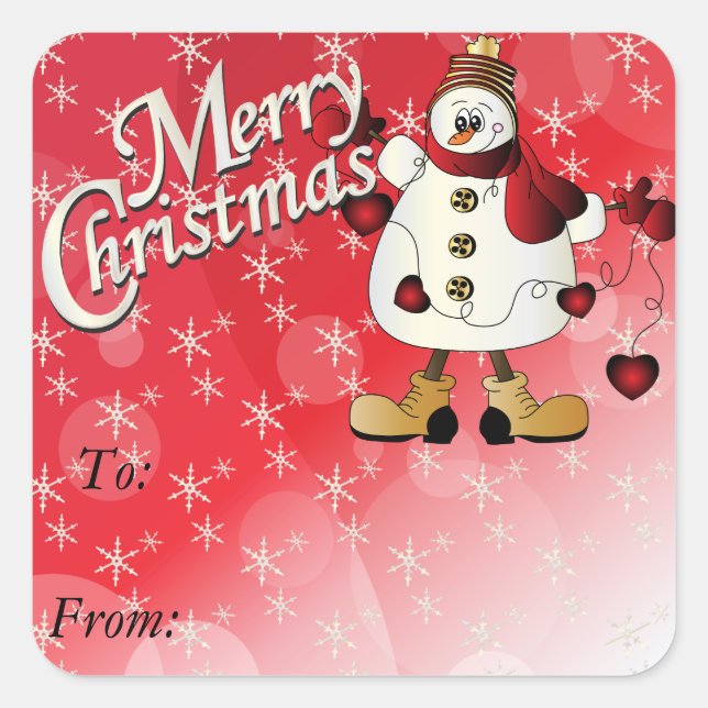 Frohe Weihnachten Red Heart Snowman Quadratischer Aufkleber (Vorderseite)
