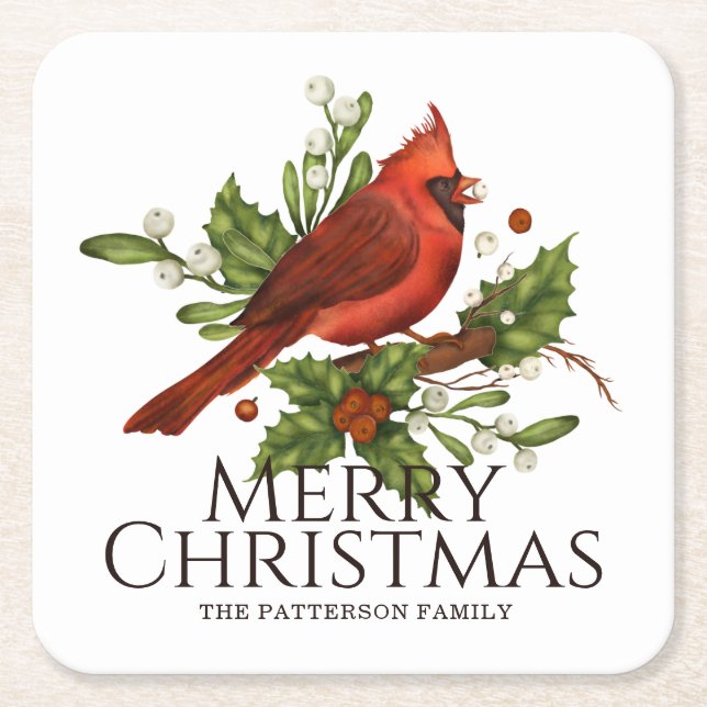 Frohe Weihnachten Red Kardinal Holly Personalisier Rechteckiger Pappuntersetzer (Vorderseite)