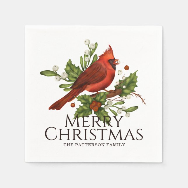 Frohe Weihnachten Red Kardinal Holly Personalisier Serviette (Vorderseite)