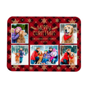 Frohe Weihnachten Red Kariert Gold Snowflakes 5 Fo Magnet